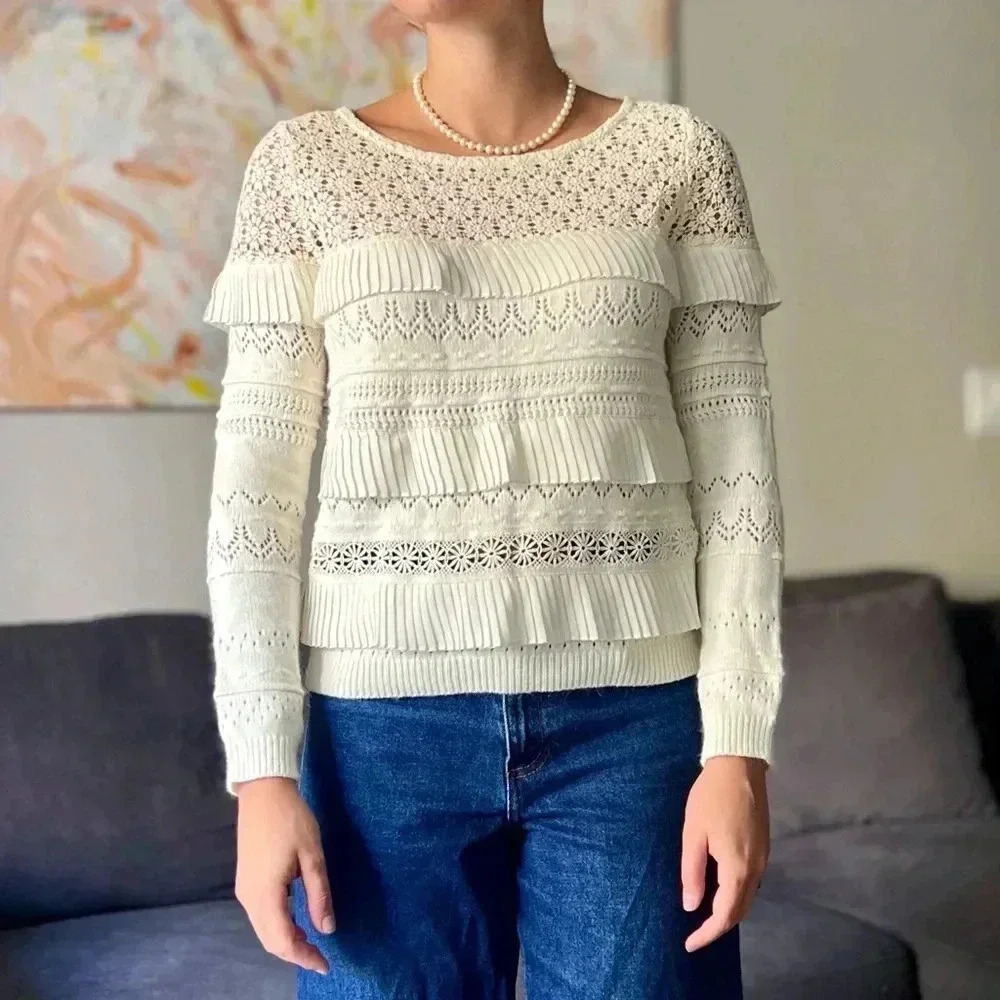 Sézane Tilla Sweater – XS Ivory Lace Ruffle Knit Pullover - Romantic Parisian